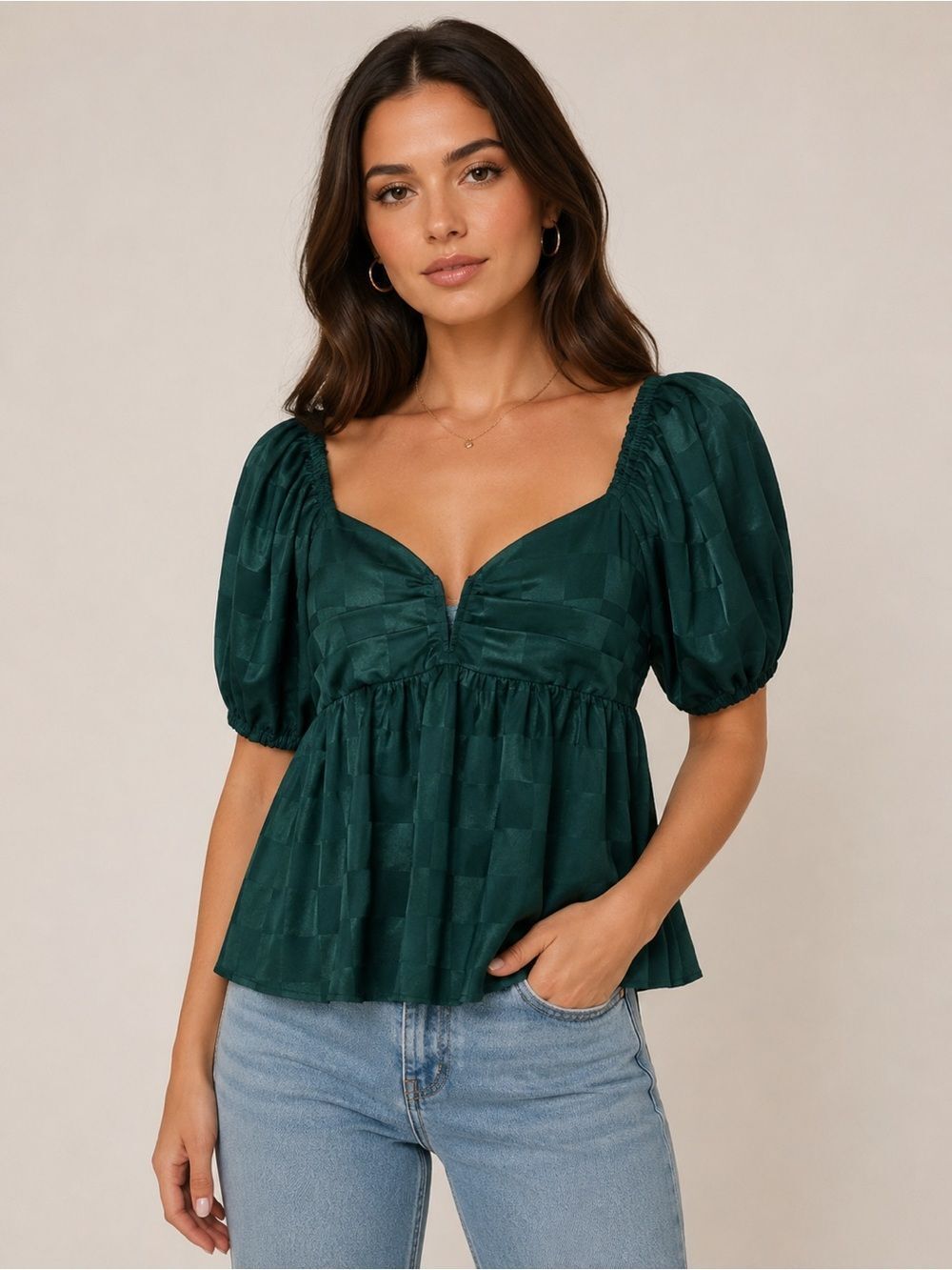 Anthropologie Entro Emerald Green Puff Sleeve Peplum Top